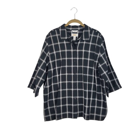 Talbots Irish Linen Blend Button Up Shirt Black White Plaid 3/4 Sleeve Size 14W - Picture 1 of 7